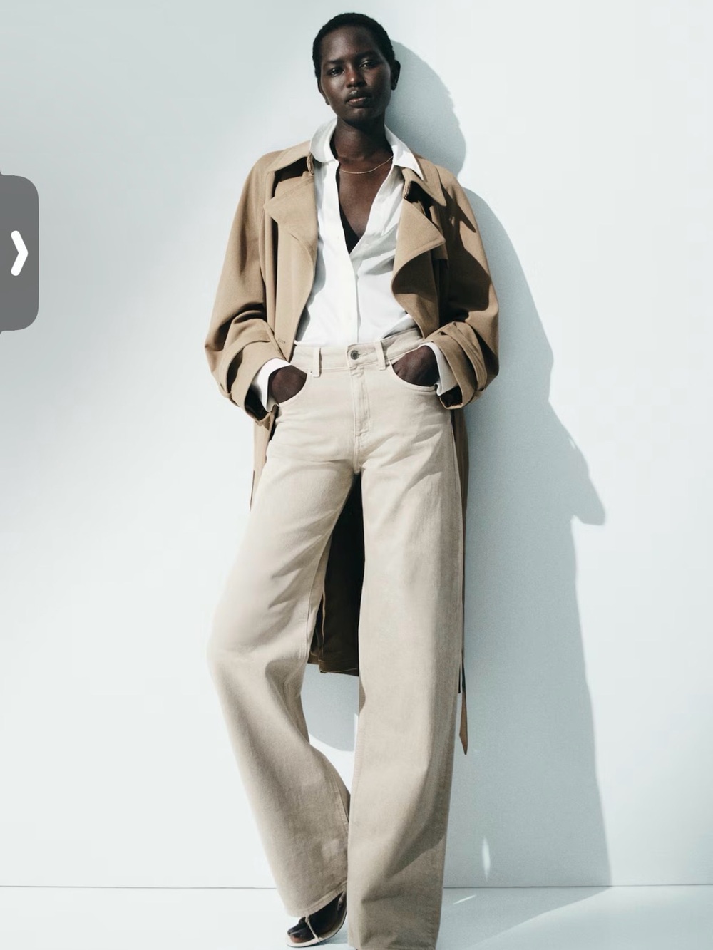 H&M Beige Trench Coat with Cream Wide-Leg Jeans